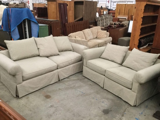 Modern pinstripe couch and love seat sofa set - fair cond