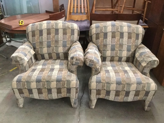 Pair of matching patchwork upholstery armchairs with deep seats