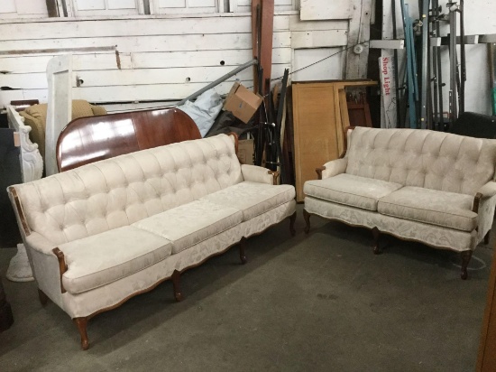 Antique Victorian oak frame sofa couch & love seat with lovely frame & tufted back upholstery