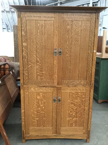Large tiger oak modern rustic look console and wardrobe cabinet