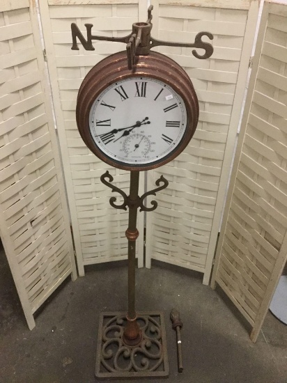Vintage free standing weather vane clock and thermometer with top piece - as is