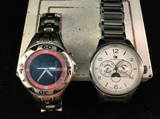 A Men?s Tommy Hilfger chronograph watch w/ moon dial and a black & red dial Relic watch