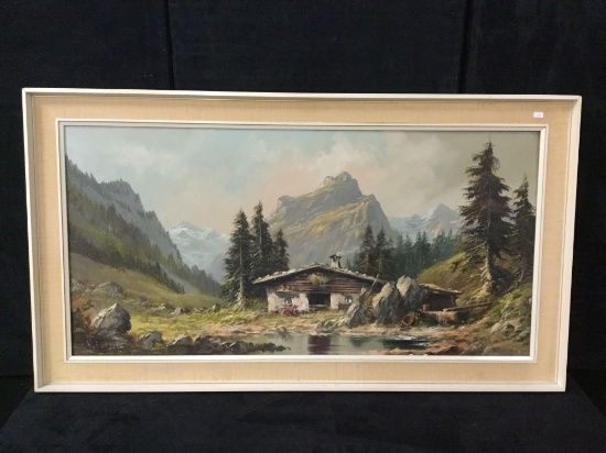 Large framed canvas original cabin scene painting, signed by K Forester