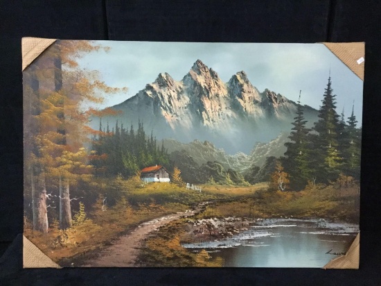 Oil on canvas depicting mountain cabin scene -signed by Laura