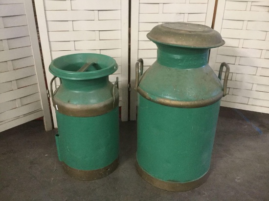 Pair of The Texas Company vintage painted metal milk jugs