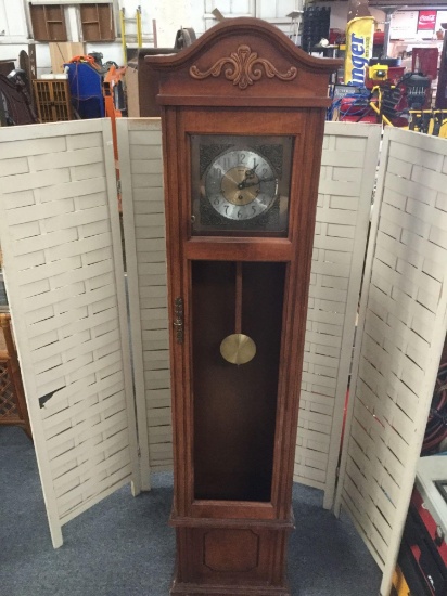 Piper Grandfather Clock, with pendulum and key -as is missing front glass