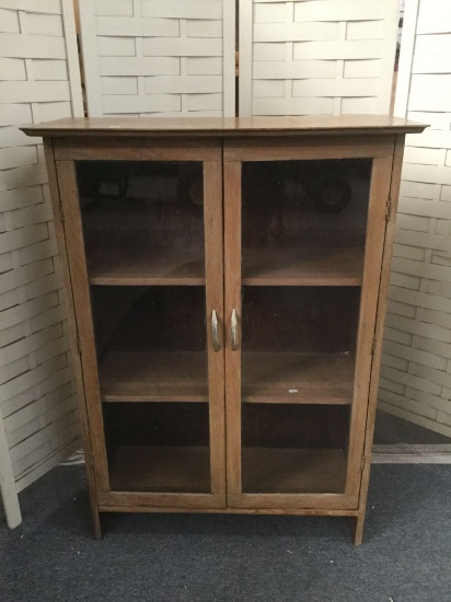 Vintage glass door wooden display case with 3 shelves