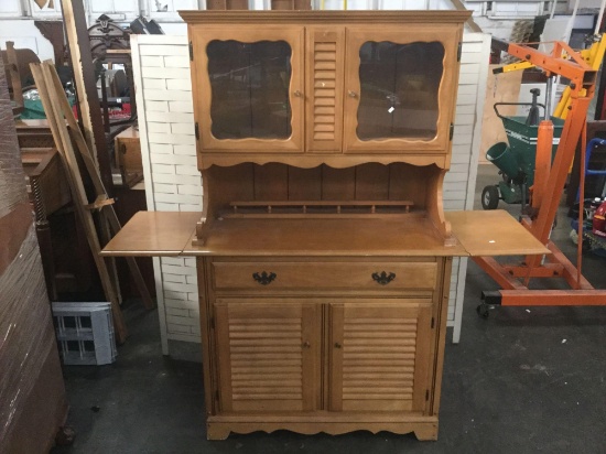 Vintage BP John Furn Co wooden maple hutch with classic shutter style doors and dropleaf sides