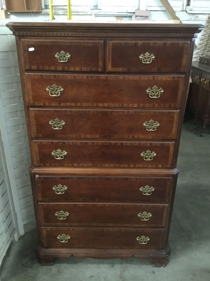 Modern antique inspired 8 drawer tall boy dresser with inlaid veneer front