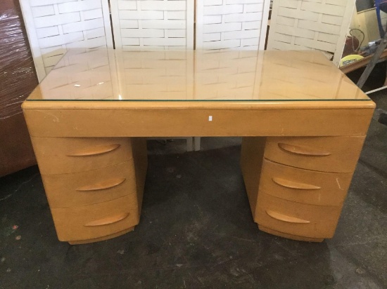 Vintage mid century maple JB Van Sciver Co executive desk with glass top