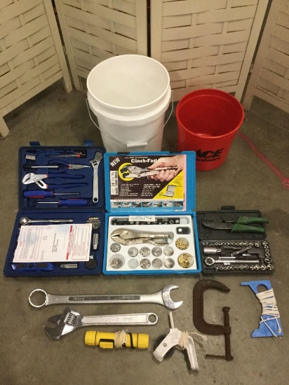 Collection of tools: Sea Fit multi tool kit, Clinch Fast kit, socket wrench set, etc