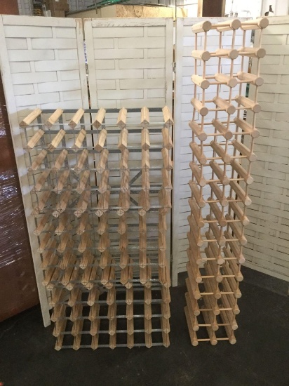 Set of 4 wooden wine racks - 3 matching/stackable racks and one tall & skinny rack