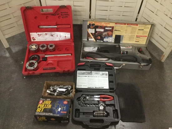 4 tool sets: Porter-Cable variable saw, Super pipe threader, Pittsburgh Jaw Puller, Powerbuilt 2 pc