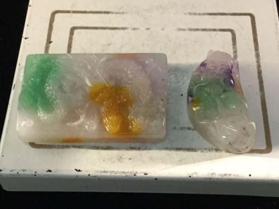 2 multi-colored Asian jadeite carved pendants