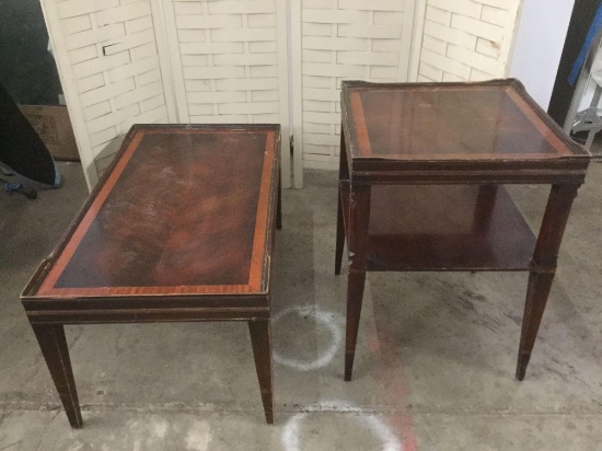 Vintage cira 1930s mahogany coffee table and side phone table with detailed inlay