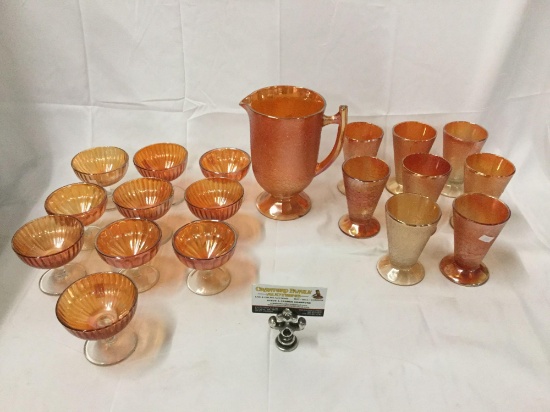 9pcs orange carnival glass pitcher and glasses crackle pattern set.