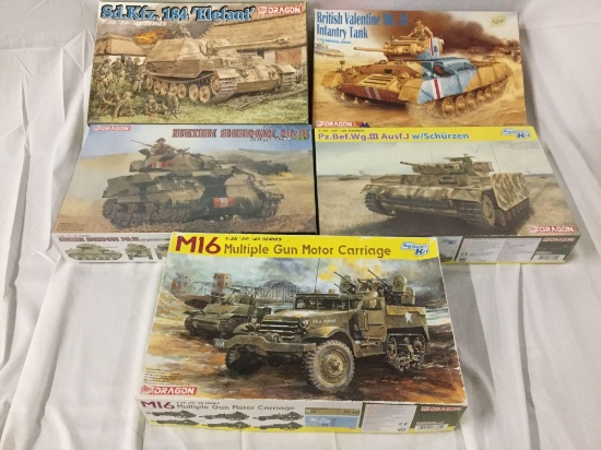 5x Dragon plastic model kits 1/35 scale - Elefant Tank, British Sherman, M16 Motor Carriage, etc