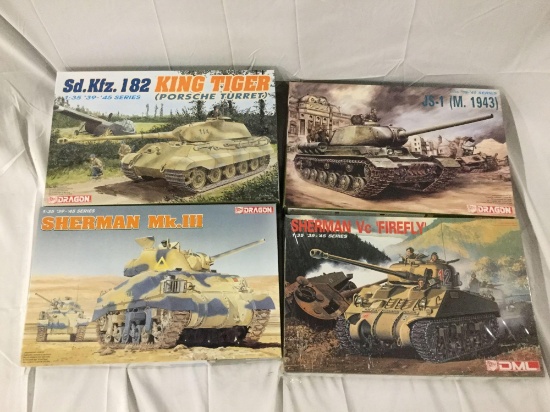 4x Dragon/DML military plastic model kits 1/35 scale - King Tiger, Sherman Tank, Sherman Firefly etc