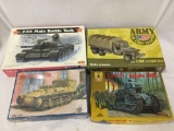 4x model kits 1/35 scale - Lindberg Main Battle tank, Heller GMC, RPM Transporter + more