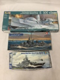 3 boat model kits incl. 1/72 scale Revell Deutsches, Tamiya Fletcher 1/350 scale, etc see desc