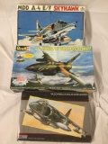 3x military plastic model kits 1/48 scale - Revell Thunder-chief, Monogram Harrier, ESCI Skyhawk