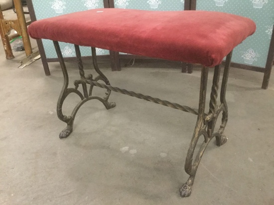 Antique metal piano bench seat with burgundy velour upholstery