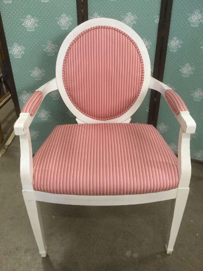Vintage shabby chic refurbished parlor chair with pink candy stripe upholstery