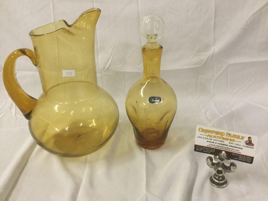 Handcrafted Bischoff glass pitcher and decanter in light yellow - as is see desc and pics