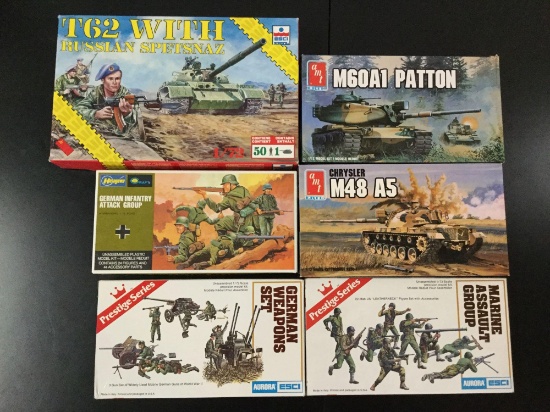 6x military plastic model kits, 1/72 scale; ESCI-ERTL T62 MBT tank with Russian Spetsnaz, AMT-ERTL