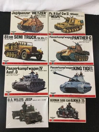 8x Bandai military plastic model kits, 1/35 scale; SEALED US Willys Jeep, German Side-Car BMWR/75,