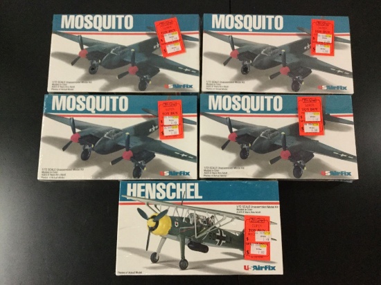 5x SEALED USAirfix military aircraft plastic model kits, 1/72 scale; 4x Mosquito, Henschel