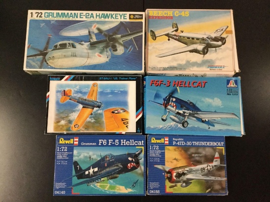 6x military plastic model kits, 1/72 scale; SEALED Fujimi Grumman E-2A Hawkeye, Pioneer2 Beech C-45