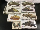 8x Tamiya military plastic model kits, 1/35 scale; 2x T-55A Russian Medium Tank, M4 Sherman Tank,