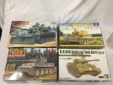 4 model kits, 1/35 scale. Academy M60A1 Rise, Dragon 3 in 1 Tiger I initial Production, Italeri