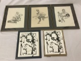 5 framed pictures of sports icons. 2 Nolan Ryan sketches one signed by artist. Marked 68/500 and