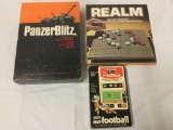 3 vintage games. Avalon Hill PanzerBlitz, Realm, Galoob MVP Football handheld electric game