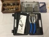 Lot of assorted tools, screwdrivers, power puncher, and lathe accessory