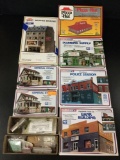 7x HO scale plastic building model kits for diorama scenery plus HO scale plastic window details and