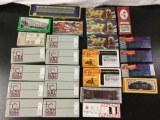 Large collection of HO scale plastic model train cars and scenery details in boxes; 4x Athearn, 5x
