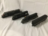 3x HO scale model train locomotive engines and 1 boxcar; Southern Pacific 8444 made in Yugoslavia,