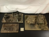 2 wood flats with finished military model dioramas, tank with bunker, Jeep w/ soldiers in bombed