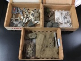 3x wood flats with started and finished military plastic model kits; planes, tanks, Battle scene