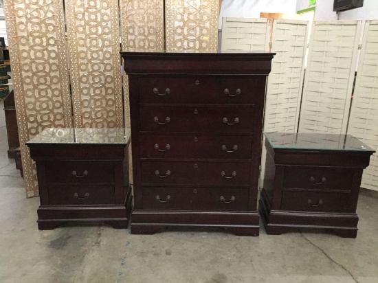 Ly Furniture 3 Pc Bedroom Set Tall Boy Dresser 2 Glass Top Nightstands As Is Estate Personal Property Furniture Dressers Auctions Online Proxibid