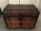 Antique wooden travel steamer trunk with interior shelf storage compartment