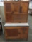 2 pc antique Kitchen queen oak cabinet with metal counter top and flour dispenser - good cond