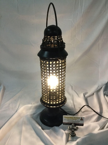 Electric lantern style wicker and wood table lamp made in Thailand