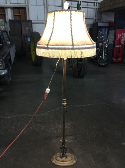 Vintage deco brass base standing floor lamp with original shade - tested and working