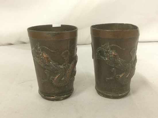 Pair of Antique brass metal cups with dragon design relief - handmade