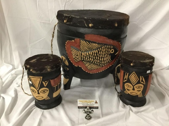 Set of 3 hand made wood carved drums, made in Zambia with cowskin leather tops