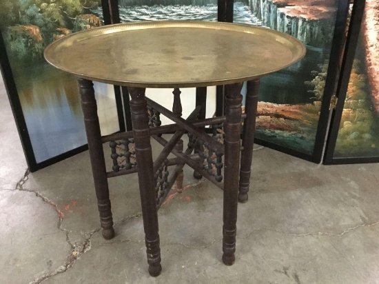 Vintage wood 6 legged end table with brass tray top